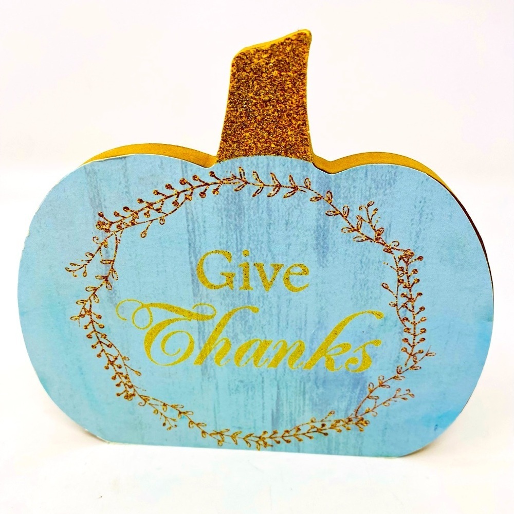Blue and Gold 'Give Thanks' Pumpkin Decor